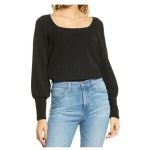 Madewell Top Womens Small Black Ottoman Ribbed Square-Neck Long Sleeves Office